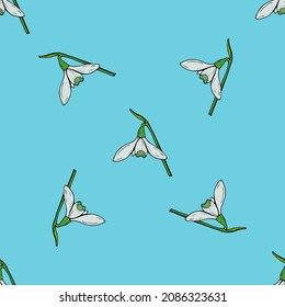 Patrón sin foco con gotas de nieve sobre fondo azul. Imagen vectorial.
