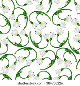 Seamless pattern, snowdrops on a light background. Vector illustration.