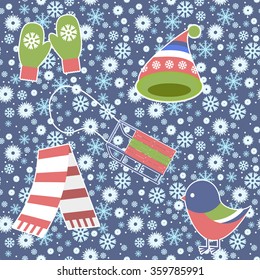 Seamless Pattern - Snowflake, Vector, Snow, Backgrounds, Snowing. warm knitted cap and mittens, birdie bullfinch, sledge, scarf.