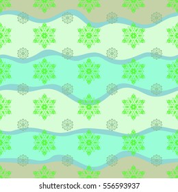 Seamless pattern with snowflakes. Abstract snowstorm with green and neutral snowflakes. Winter mood background. Winter windstorm background. Blow snow texture pattern on wave background.