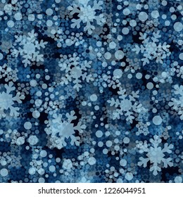 Seamless pattern. snowflakes among the round spots and winter camouflage.