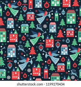 Seamless pattern with snowflakes and angels for Christmas packaging, textiles, wallpaper. Vector illustration.