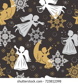Patrón sin inconvenientes con copos de nieve y ángeles para el embalaje de Navidad, textiles, papel pintado. Ilustración vectorial.