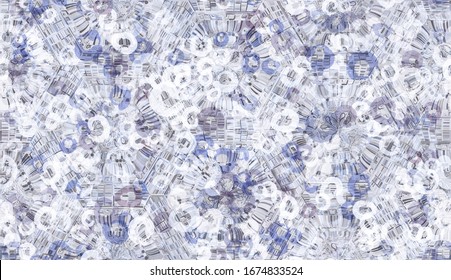 Patrón sin problemas. Copos de nieve dispuestos en una estructura de panal. Elementos pintados al azar. Cristales de hielo.