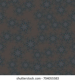 Seamless pattern. Snowflakes are arranged in random order. Gray-brown, green-gray.