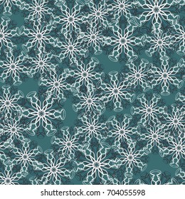 Seamless pattern. Snowflakes are arranged in random order. Blue-green, gray, blue, white.