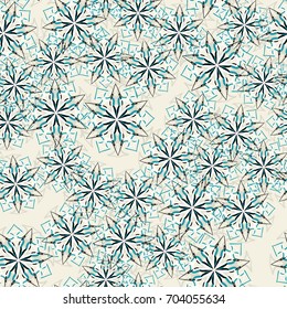 Seamless pattern. Snowflakes are arranged in random order. Beige, gray, black.