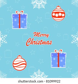 Seamless pattern with snowflakes, balls, and gifts. vector.