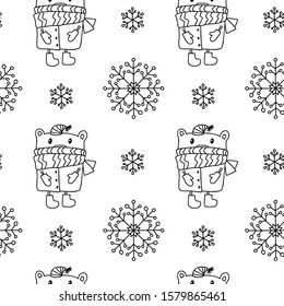 Seamless pattern with snowflakes and bears in hat and scarf. Vector background for textile, wallpapers, greeting cards and decor