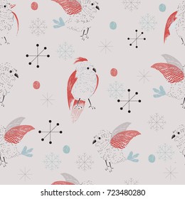 Seamless pattern with snowflakes and birds in winter.hand drawn vector illustration