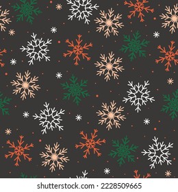 Patrón sin foco con copos de nieve en negro, rojo, blanco, beige. Gráficos vectoriales.