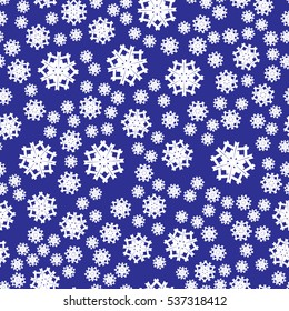 Seamless pattern of snowflakes. Blue background.