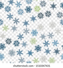 Seamless pattern. Snowflakes. Blue chaos. Transparent background. Editable.