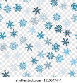 Seamless pattern. Snowflakes. Blue chaos. Transparent background. Editable.