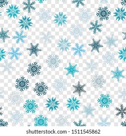 Seamless pattern. Snowflakes. Blue chaos. Transparent background. Editable.
