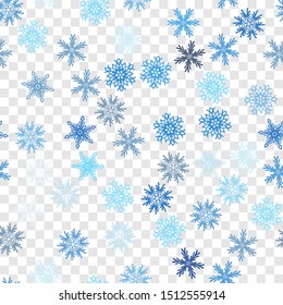 Seamless pattern. Snowflakes. Blue chaos. Transparent background. Editable.