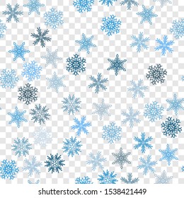 Seamless pattern. Snowflakes. Blue chaos. Transparent background. Editable.