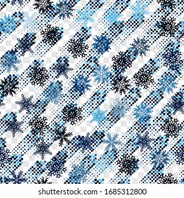  Patrón sin problemas. Copos de nieve. Caos azul. Fondo transparente. Editable. La imagen contiene grupos dinámicos ascendentes de elementos.