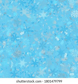 Patrón sin foco. Copos de nieve. Caos azul. Fondo transparente. Editable.