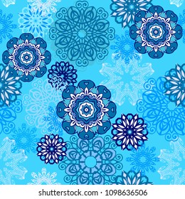 Seamless pattern with snowflakes Blue Colour. Decorative ornament for fabric, textile, wrapping paper.