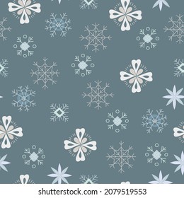 Seamless pattern of snowflakes in boho or scandinavian style. Christmas items with winter elements and holiday wishes. Winter vector illustration on white background.