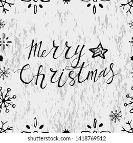 Seamless pattern with snowflakes and calligraphy Merry Christmas on textured backgraund. Old grey style.Hand drawn vector illustration.Christmas greeting card.Wrapping paper, textile, wallpaper design