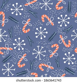 Seamless pattern with snowflakes and candies. Holiday print. Vector hand drawn illustration.