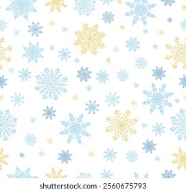 Seamless pattern with snowflakes in cartoon style. Vector illustration of snowflakes of blue, gold and dark blue colors, isolated on white background. Winter. Holidays. Wrapping paper. Packaging.