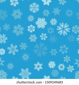 Seamless pattern. Snowflakes. Chaos. Blue background. Editable.