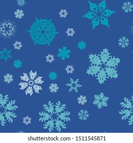Seamless pattern. Snowflakes. Chaos. Blue background. Editable.