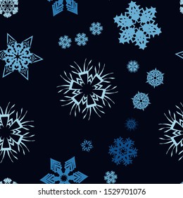 Seamless pattern. Snowflakes. Chaos. Blue background. Editable.