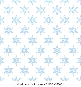 Patrón sin foco con copos de nieve. Fondo de Navidad. Copos de nieve azules en un fondo blanco. Textura de invierno para artesanías, papel de envoltura, regalo de Navidad, papel de reserva de recortes digitales. Ilustración del vector