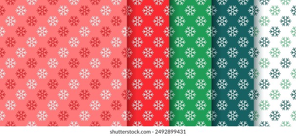 Seamless pattern with snowflakes. Christmas backgrounds. Set Xmas red green prints. New year holiday textures. Festive wrapping papers. Geometric backdrop in flat design. Vector illustration    