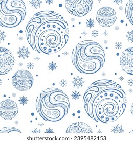 Patrón sin foco con copos de nieve y bolas de navidad. Ilustración vectorial.