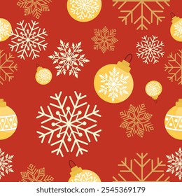 Seamless pattern with snowflakes and Christmas balls. Vector illustration.