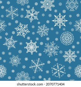Patrón sin foco con copos de nieve. Elementos decorativos de Navidad y Año Nuevo. Textura festiva para invitaciones de diseño, postales y saludos.