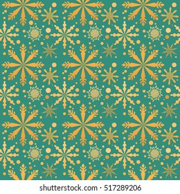 Seamless pattern with snow-flakes for Christmas and New Year. Wrapping paper for christmas gift with gold snow-flakes.