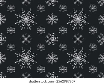 Seamless pattern with snowflakes for Christmas on a black background. Perfect Christmas pattern. Snowflake background for wrapping paper, textiles