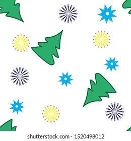Seamless pattern, snowflakes with Christmas trees on a white background. For wrapping paper, fabric, background. Vector illustration
