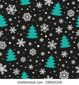 Seamless pattern with snowflakes and Christmas trees on black background. New year and Xmas Holidays background.