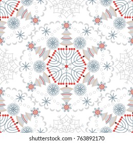 Seamless pattern with snowflakes, Christmas trees on a white background. Circular patterned elements. Vector illustration.