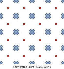 Seamless pattern of snowflakes and circles, dots. Symmetrical background for wrapping paper. Vector.