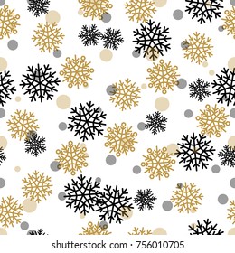 Seamless pattern with snowflakes and circles. Snowy background with black and gold snowflakes, silver dots. Winter elements of different shape, wallpaper design, endless texture stylish fabric