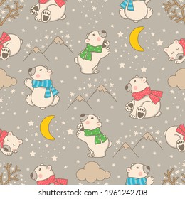 Seamless pattern with snowflakes, clouds, moon and cute polar bears. Vector illustration.