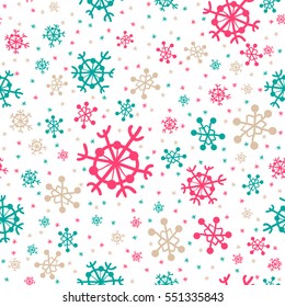 Seamless pattern of snowflakes. Colored snowflakes hand-drawn on a white background. Snowfall.