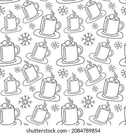 Patrón sin foco de copos de nieve y taza de chocolate en forma de doodle, blanco y negro. Decoración de invierno para Navidad y Año Nuevo. Diseño de textiles, papel de embalaje, tarjeta, fondo. Ilustración del vector