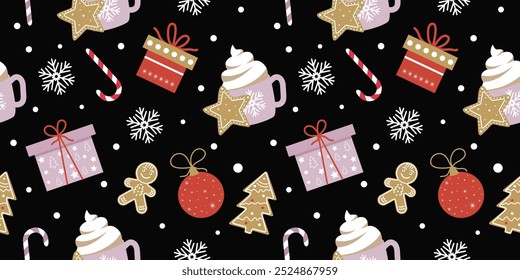 Seamless pattern with snowflakes, cup of cocoa, gifts, candies, gingerbread man, Christmas tree decorationson a dark background. Cute Christmas and New Year vector illustration.