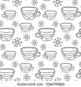 Seamless Pattern of Snowflakes and cup in doodle style, white and black. Winter decor for Christmas and New Year. Design of textiles, wrapping paper, cards, Background. Vector linear illustration.