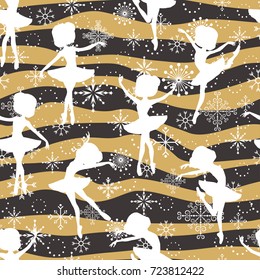 Seamless pattern with snowflakes and cute little ballerinas for Christmas packaging, textiles, wallpaper. Vector illustration.