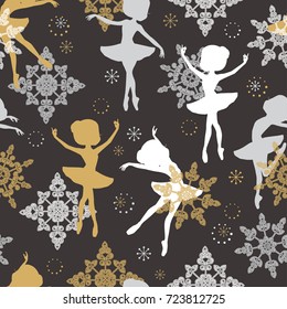 Seamless pattern with snowflakes and cute little ballerinas for Christmas packaging, textiles, wallpaper. Vector illustration